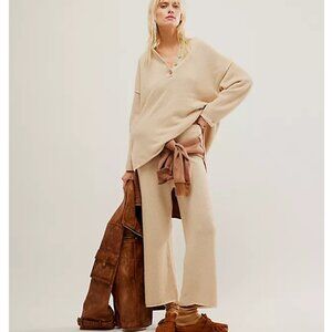 Free People Hailee Set Tan Cream Waffle Knit Oversized Loungewear Size M